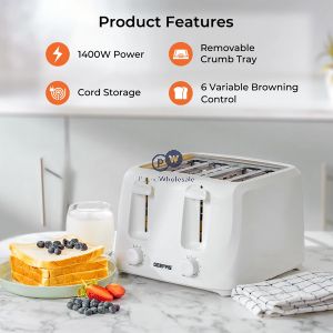 Geepas White 4 Slice 6 Level Bread Toaster 1400w