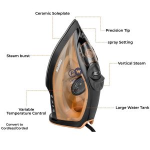 Geepas Black & Gold Non-stick Adjustable Temperature Steam Iron 1800w