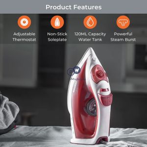 Geepas White & Red Non-stick Adjustable Temperature Steam Iron 1800w